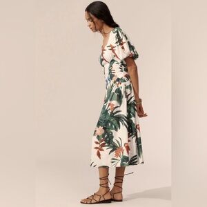 Farm Rio Midnight Macaw Fiesta Linen Blend Puff-Sleeve Midi Dress Size Large NWT